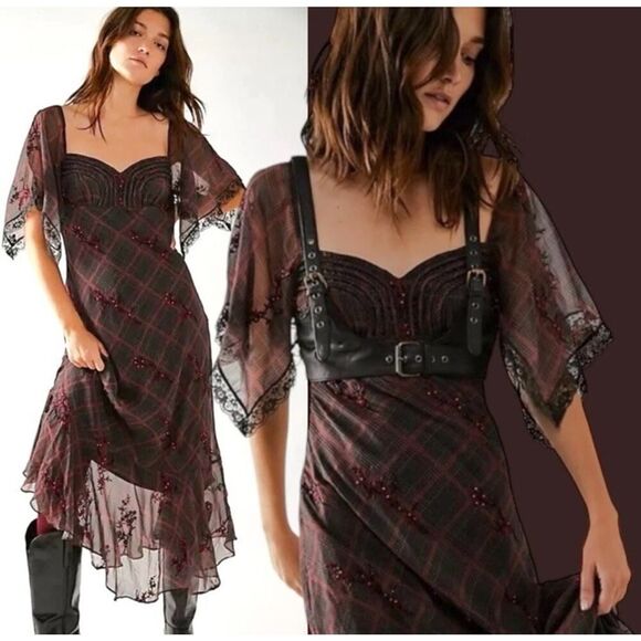 NWOT Free People Grunge WhimsyGoth Plaid Sheer Midi Dress Size 8 Fallen Flowers - Picture 15 of 15